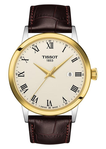 TISSOT SWISS GENTS CLASSIC DREAM GOLD BROWN LEATHER T129-410-26-263-00