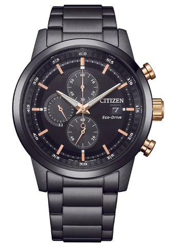 CITIZEN ECO-DRIVE CHRONOGRAPH BLACK DIAL BLACK BRACELET CA0746-85E