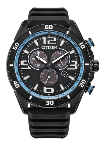 CITIZEN GENTS ECO-DRIVE CHRONOGRAPH BLACK RUBBER STRAP AT2587-02E