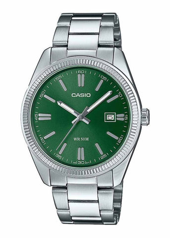 CASIO ANALOGUE GREEN DIAL STAINLESS STEEL BRACELET MTP1302PD-3A