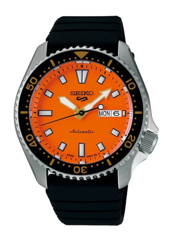 SEIKO 5 SPORTS AUTOMATIC ORANGE DIAL BLACK SILCONE BAND SRPL89K