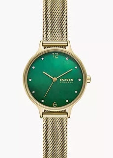SKAGEN ANITA LILLE GREEN DIAL CRYSTAL GOLD MESH BAND SKW3145