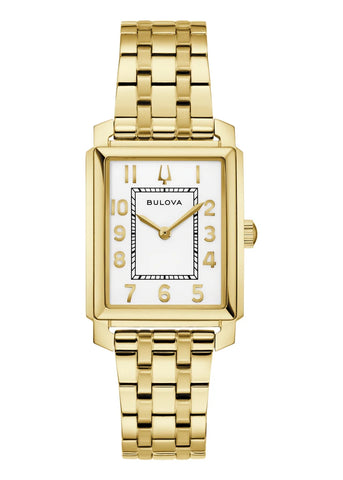 BULOVA LADIES SUTTON RECTANGULAR WHITE DIAL GOLD BRACELET 97L186