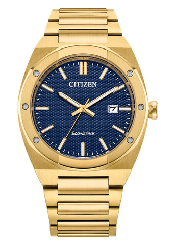 CITIZEN GENTS ECO-DRIVE TEXTURE BLUE DIAL GOLD BRACELET BM7662-59L