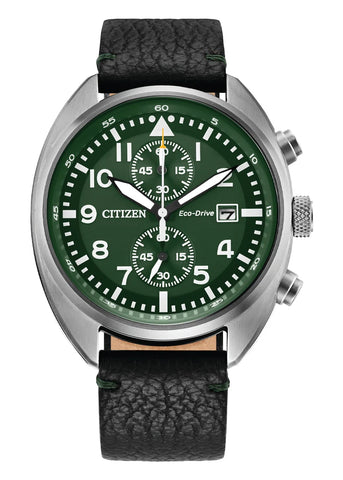 CITIZEN GENTS ECO-DRIVE CHRONOGRAPH GREEN DIAL BLACK LEATHER CA7041-07X