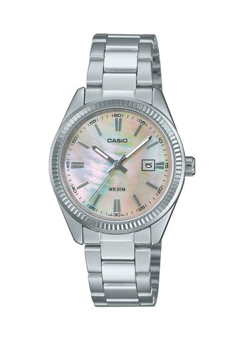 CASIO LADIES ANALOGUE PEARL DIAL STAINLESS STEEL BRACELET LTP1302DS-4A