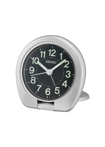 SEIKO ALARM CLOCK ASCENDING BEEP ALARM SILVER BLACK DIAL QHT018-A