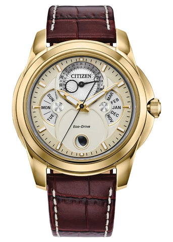 CITIZEN GENTS ECO-DRIVE CALENDRIER DIAL GOLD BROWN LEATHER BU0082-06P