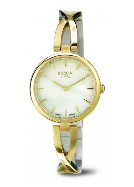 3239 03 BOCCIA LADIES TITANIUM ROUND CROSS OVER BRACELET GOLD