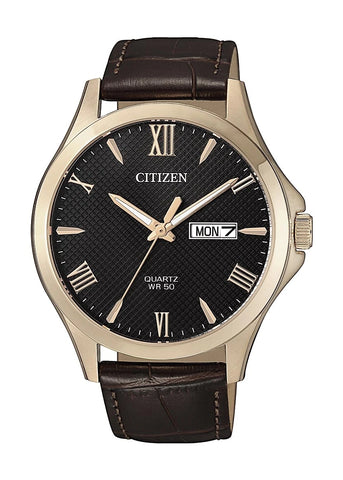 CITIZEN QUARTZ GENTS DAY DATE ROSE GOLD BROWN LEATHER BF2023-01H