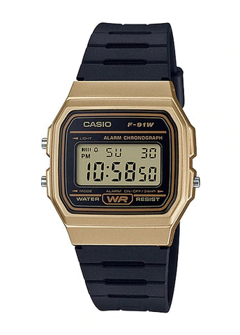 CASIO DIGITAL GOLD Black Resin Band F91WM-9A