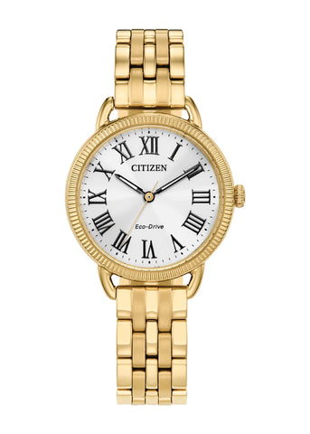 CITIZEN LADIES ECO DRIVE SILVER DIAL GOLD BRACELET EM1052-51A