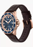 EMPORIO ARMANI DIVER BLUE DIAL ROSE GOLD BROWN LEATHER AR11556
