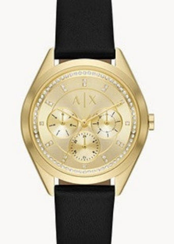 ARMANI EXCHANGE LADY GIACOMO GOLD DIAL BLACK LEATHER BAND AX5656