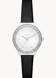 DKNY PARSONS CRYSTAL SET SILVER DIAL BLACK LEATHER BAND NY6610