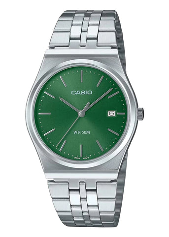 CASIO ANALOGUE GREEN DIAL STAINLESS STEEL BRACELET MTPB145D-3A