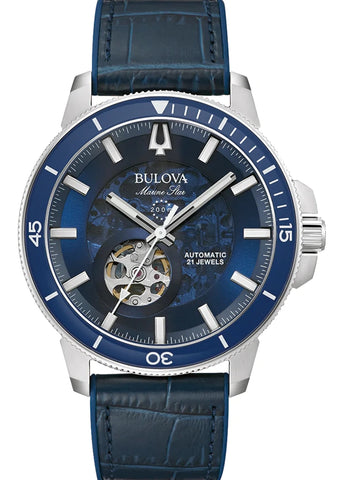 BULOVA MARINE STAR AUTOMATIC BLUE DIAL BLUE LEATHER BAND 96A291