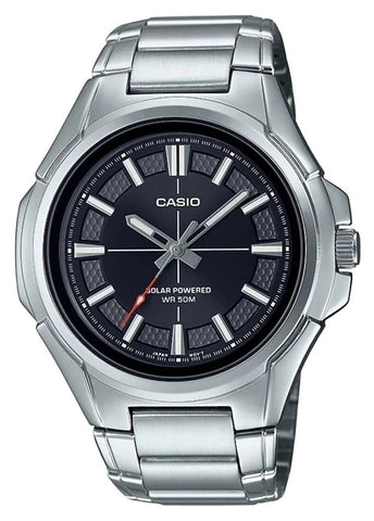 CASIO GENTS ANALOGUE SOLAR BLACK DIAL STAINLESS STEEL MTPRS100D-1A