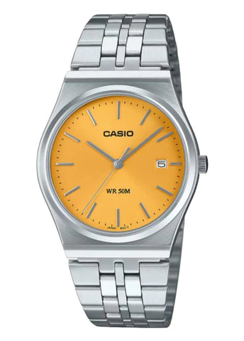 CASIO ANALOGUE YELLOW DIAL STAINLESS STEEL BRACELET MTPB145D-9A