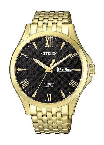 CITIZEN QUARTZ GENTS BLACK DIAL GOLD BRACELET BF2022-55H