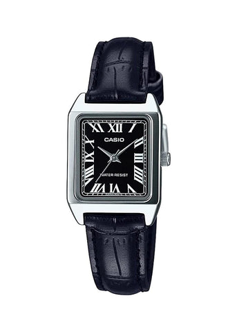CASIO LADIES ANALOGUE SQUARE CASE BLACK DIAL LEATHER BAND LTPV007L-1B
