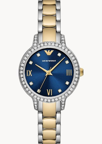 EMPORIO ARMANI CLEO CRYSTAL SET BLUE DIAL TWO TONE BRACELET AR11576