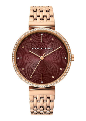 ARMANI EXCHANGE ZOE DARK RED TEXTURED DIAL CRYSTAL SET ROSE AX5912