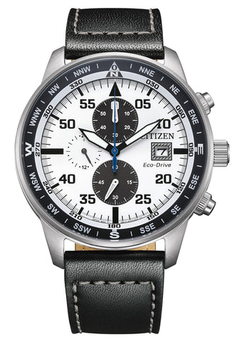 CITIZEN GENTS ECO-DRIVE CHRONOGRAPH WHITE DIAL BLACK LEATHER CA0880-07A