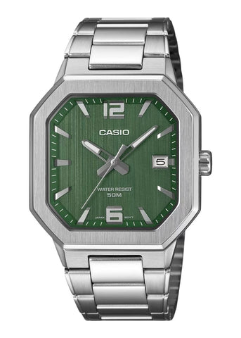 CASIO ANALOGUE SQUARE GREEN DIAL STAINLESS STEEL BRACELET MTPB195D-3A