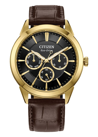 CITIZEN GENTS ECO-DRIVE BLACK DIAL BROWN LEATHER BAND BU2112-06E