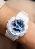 CASIO BABY-G ANALOGUE / DIGITAL BLUE DIAL WHITE RESIN BAND BA110XBE-7A