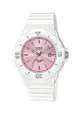 CASIO ANALOGUE PINK DIAL WHITE RESIN BAND LRW200H-4E3