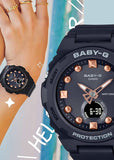 CASIO BABY-G ANALOGUE / DIGITAL ROSE GOLD BLACK RESIN BAND BGA320-1A