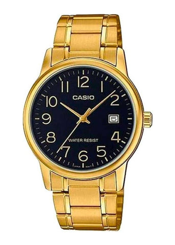 CASIO ANALOGUE BLACK DIAL GOLD STAINLESS STEEL BRACELET MTPV002G-1B