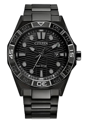 CITIZEN GENTS ECO-DRIVE BLACK DIAL BLACK BRACELET AW1855-52E