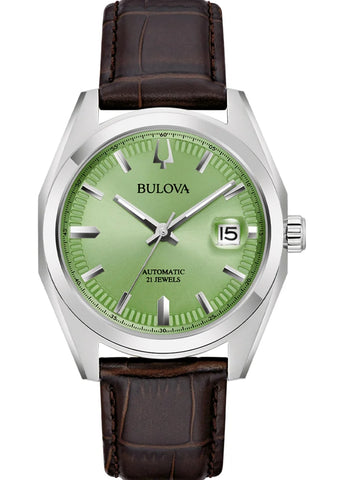 BULOVA GENTS SURVEYOR AUTOMATIC GREEN DIAL BROWN LEATHER 96B427