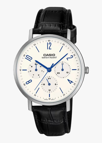 CASIO ANALOGUE WHITE DIAL BLUE ACCENTS BLACK LEATHER BAND MTPVT06L-7B