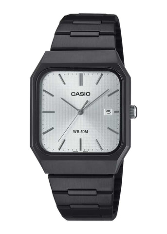 CASIO ANALOGUE SQUARE CASE SILVER DIAL BLACK BRACELET MTPB185B-7A
