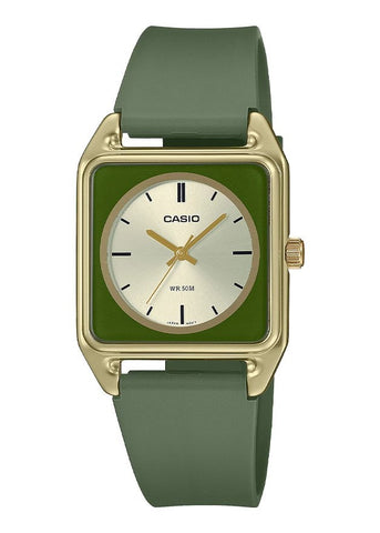 CASIO ANALOGUE SQUARE GOLD CASE GREEN DIAL GREEN RESIN BAND MTPB170-3E