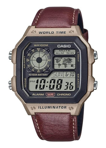 CASIO DIGITAL WORLD TIME BRONZE CASE BROWN LEATHER BAND AE1200WHL-5A