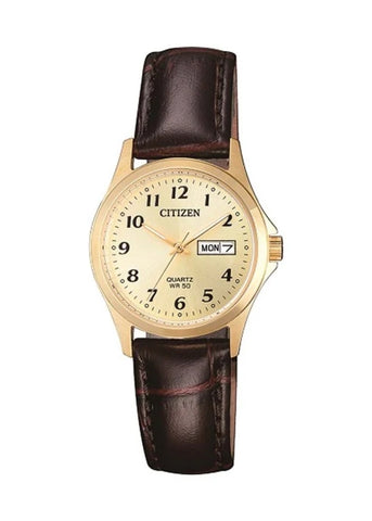 CITIZEN QUARTZ LADIES GOLD DIAL DAY DATE BROWN LEATHER BAND EQ2002-07P
