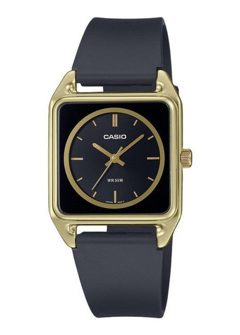 CASIO ANALOGUE SQUARE GOLD CASE BLACK DIAL BLACK RESIN BAND MTPB170-1E