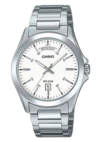 CASIO ANALOGUE WHITE DIAL DAY DATE STAINLESS STEEL BRACELET MTP1370D-7A3
