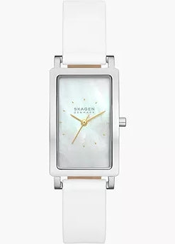 SKAGEN HAGEN TANK MOTHER OF PEARL DIAL WHITE LEATHER BAND SKW3141