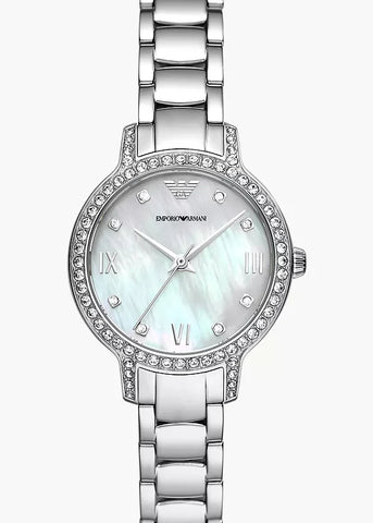 EMPORIO ARMANI CLEO CRYSTAL SET PEARL DIAL STAINLESS STEEL AR11484