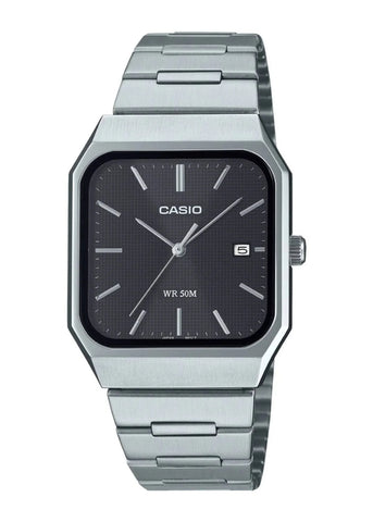 CASIO ANALOGUE SQUARE CASE BLACK DIAL STEEL BRACELET MTPB185D-1A