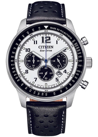 CITIZEN GENTS ECO-DRIVE CHRONOGRAPH WHITE DIAL BLACK LEATHER CA4500-32A