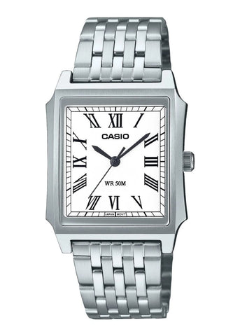 CASIO ANALOGUE SQUARE WHITE DIAL STAINLESS STEEL BRACELET MTPB190D-7B