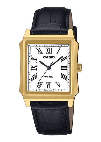 CASIO ANALOGUE SQUARE WHITE DIAL GOLD CASE BLACK LEATHER MTPB190GL-7B
