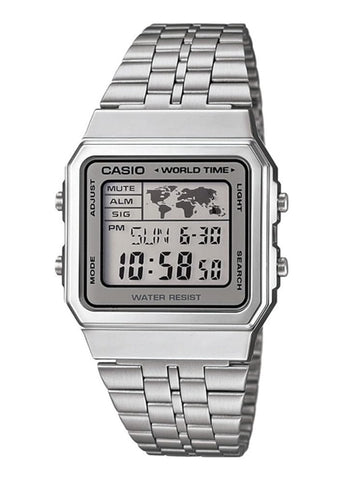 CASIO VINTAGE DIGITAL WORLD TIME STAINLESS STEEL BRACELET A500WA-7D
